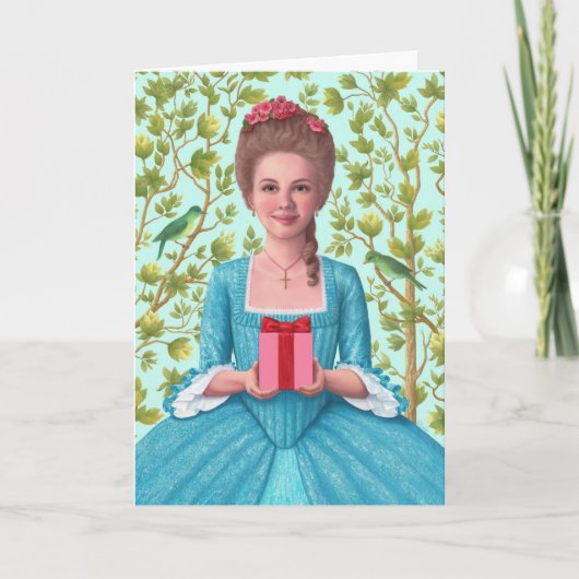 Carte de vœux "Dame du 18e siècle tenant un cadeau (Devant)