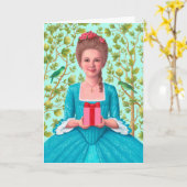 Carte de vœux "Dame du 18e siècle tenant un cadeau (Fleur jaune)