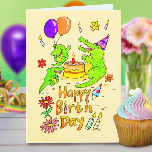 Carte de voeux d'anniversaire au crocodile mignet