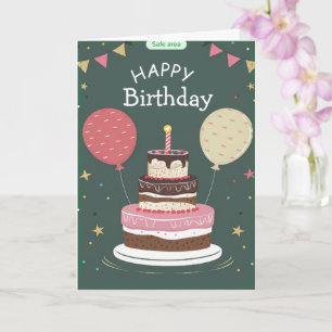 Carte de vœux d'anniversaire avec ballons et gâtea