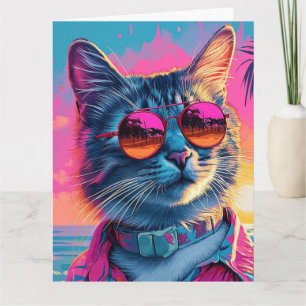 CARTE DE VOEUX D'ANNIVERSAIRE CHAT PLAGE COOL