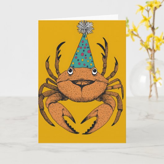 Carte de voeux d'anniversaire de crabe joueuse (Fleur jaune)