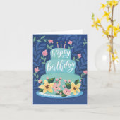 Carte de voeux d'anniversaire de gâteau bleu (Fleur jaune)