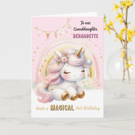 Carte de vœux d'anniversaire licorne et arc-en-cie (Fleur jaune)