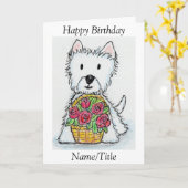 Carte de voeux d'anniversaire rose Westie personna (Fleur jaune)
