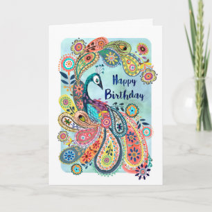 Carte de vœux d'anniversaire stylée au paon bleu