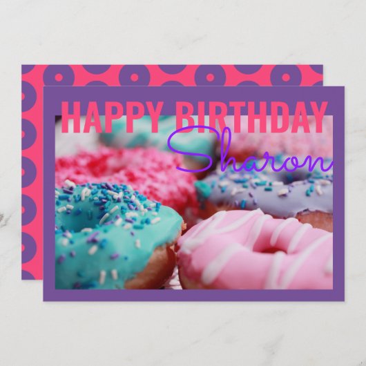 Carte de voeux d'anniversaire violet Donuts (Devant / Derrière)