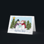 Carte de voeux de famille de bonhomme de neige<br><div class="desc">Carte de voeux de Joyeux Noël de famille de bonhomme de neige, la famille de bonhommes de neige dans leurs casquettes et écharpes colorés, ensemble dans une scène neigeuse avec des arbres de Noël et flocons de neige. L'insertion de chariot lit : Coeurs Paix de no. de dans d'apporte de...</div>