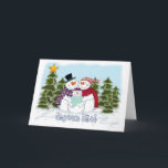 Carte de voeux de famille de bonhomme de neige<br><div class="desc">Carte de voeux de Joyeux Noël de famille de bonhomme de neige, la famille de bonhommes de neige dans leurs casquettes et écharpes colorés, ensemble dans une scène neigeuse avec des arbres de Noël et flocons de neige. L'insertion de chariot lit : Coeurs Paix de no. de dans d'apporte de...</div>