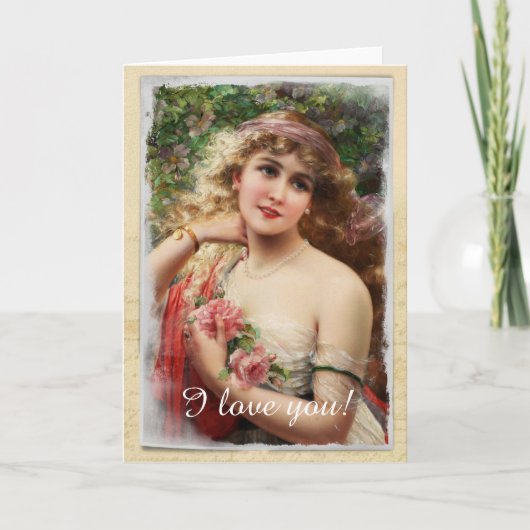 Carte de vœux de femme victorienne avec des roses (Devant)