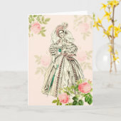 Carte de voeux de femme victorienne mode du XIXe s (Fleur jaune)