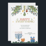 Carte de vœux de fêtes joyeuses pour tout le monde<br><div class="desc">Une carte de vacances pour tout le monde représentant des ornements de Noël suspendus à des branches de pin, une menorah, des dreidels et un cadeau. (Vecteur créé par freepik - www.freepik.com). La carte est facile à personnaliser avec votre libellé, police, couleur de police, forme de papier et choix de...</div>