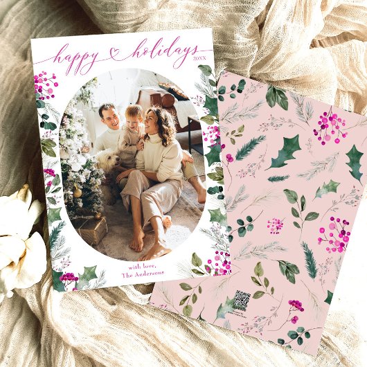 Carte de vœux de fêtes Minimal & Rose 1 Famille Ph