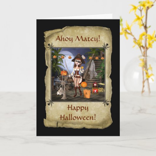 Carte de voeux de fille de pirate de Halloween (Fleur jaune)