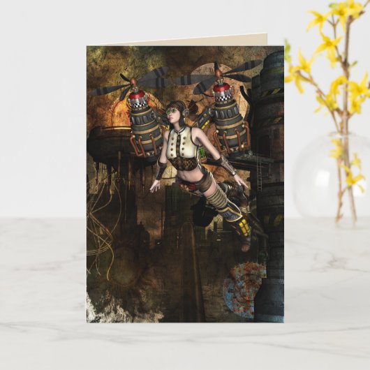 carte de voeux de fille de vol de steampunk (Fleur jaune)