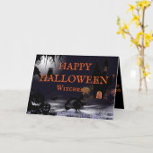 Carte de vœux de Halloween Sorcière volante et châ (Fleur jaune)