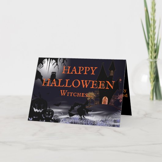 Carte de vœux de Halloween Sorcière volante et châ (Devant)