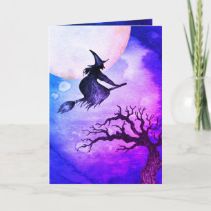 Carte de vœux de Halloween sorcière volante Joyeux
