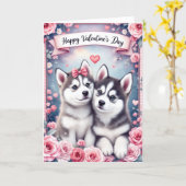 Carte de vœux de la Saint-Valentin Chiots husky (Fleur jaune)