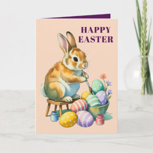 Carte de vœux de lapin mignon peignant des œufs de