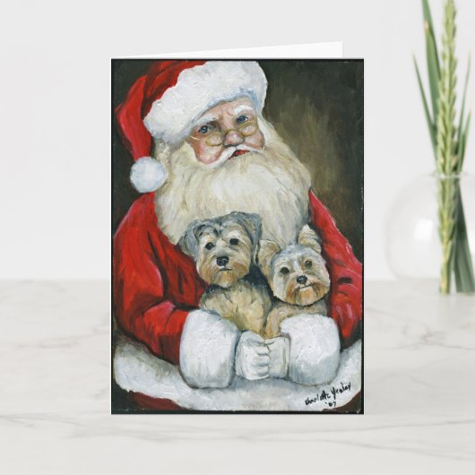 Carte de vœux de Noël Art Chien Santa & Yorkies (Devant)