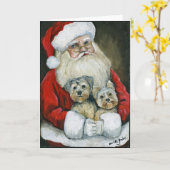 Carte de vœux de Noël Art Chien Santa & Yorkies (Fleur jaune)