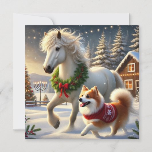 Carte de vœux de Noël avec cheval et chien islanda (Devant)