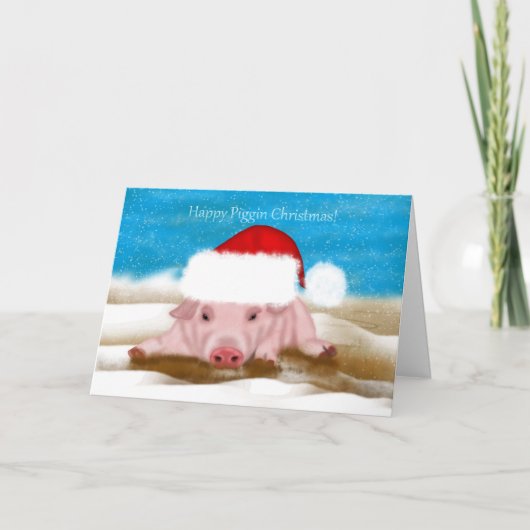 Carte de voeux de Noël avec porc dans le Casquette (Devant)