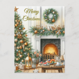 Carte de vœux de Noël avec sapin et cheminée