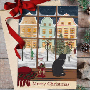 Carte de vœux de Noël avec scène hivernale et chat
