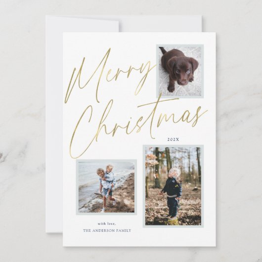 Carte de vœux de Noël avec script doré et 3 photos (Devant)
