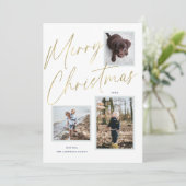 Carte de vœux de Noël avec script doré et 3 photos (Debout devant)