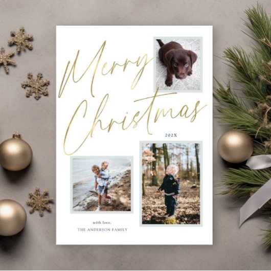 Carte de vœux de Noël avec script doré et 3 photos
