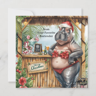 Carte de vœux de Noël avec un hippopotame à une fê