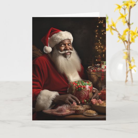 Carte de vœux de Noël avec un Père Noël afro-améri (Fleur jaune)
