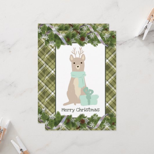 Carte de vœux de Noël Cerf Plat (Devant/Arrière en situation)