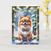 Carte de voeux de Noël Chien de Poméranie (Fleur jaune)