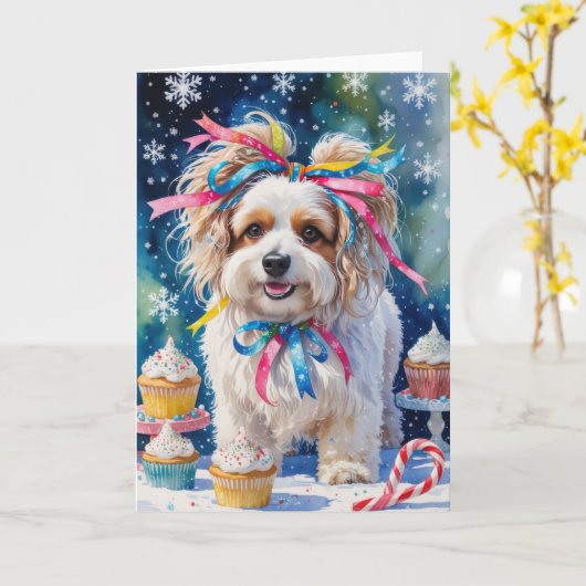 Carte de voeux de Noël de chien Lowchen (Fleur jaune)