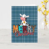 Carte de vœux de Noël de la vache à carreaux bleus (Fleur jaune)