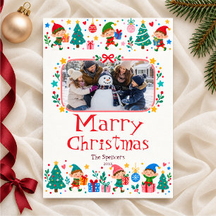 Carte de vœux de Noël familiale avec un elfe joueu