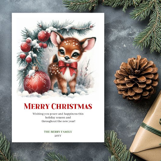 Carte de vœux de Noël Forêt enneigée Faon Tranquil