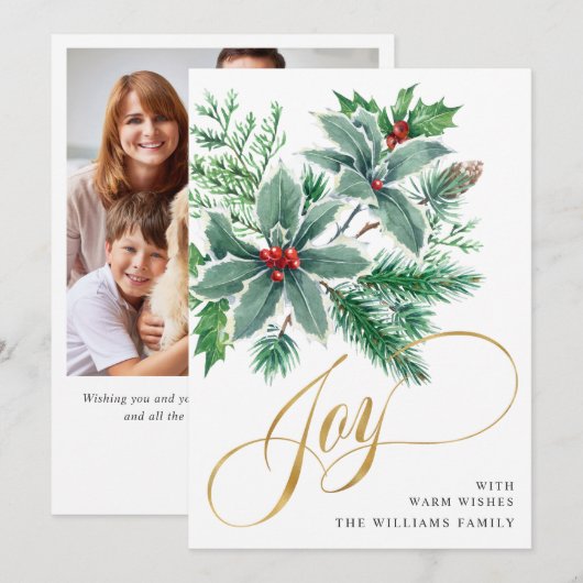 Carte de vœux de Noël JOY branche de houx PHOTO (Devant / Derrière)