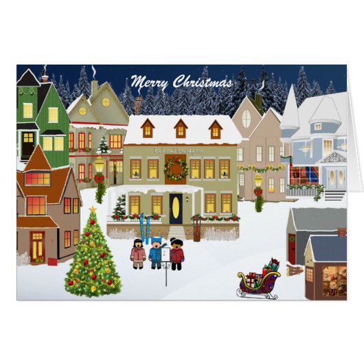Carte de voeux de Noël Retro New England Village (Devant horizontal)
