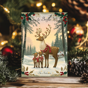Carte de vœux de Noël vintage avec famille de cerf