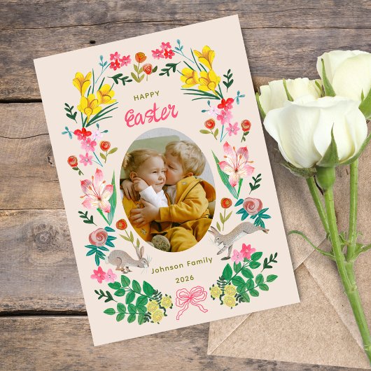 Carte de vœux de Pâques avec lapin floral pour pho