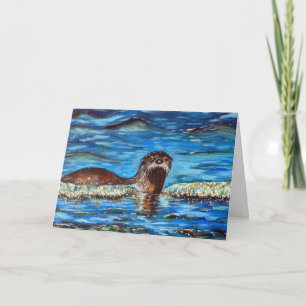 Carte de voeux de peinture de Otter dans les vague