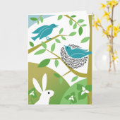 Carte de vœux de printemps joyeux oiseaux et lapin (Fleur jaune)