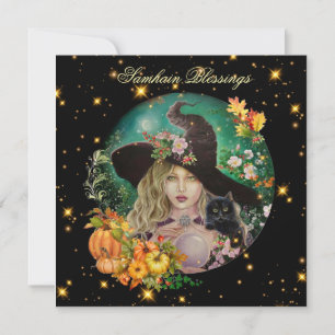 Carte de vœux de sorcière d'Halloween avec chaton