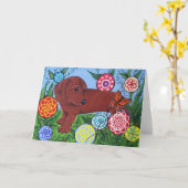 Carte de voeux de teckel et de papillon (Fleur jaune)