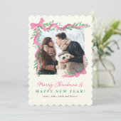 Carte de vœux de vacances à ruban rose et verdure (Debout devant)